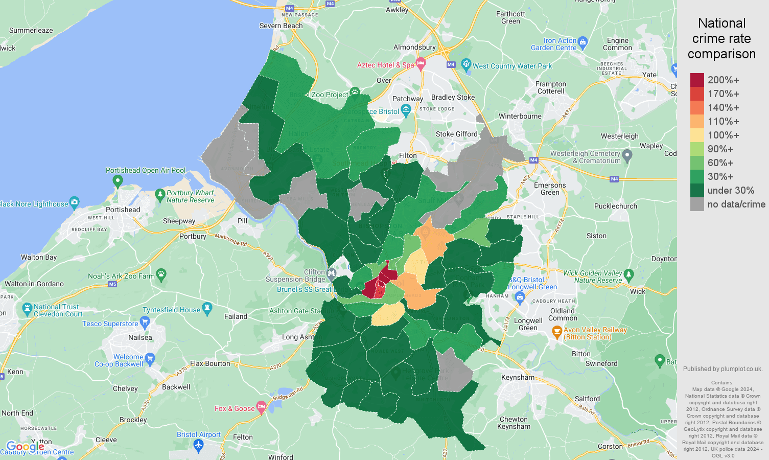 Bristol county theft from the person crime rate comparison map