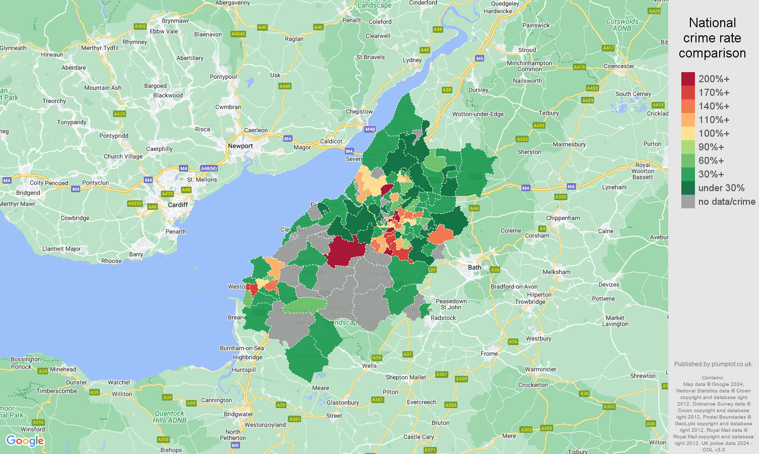 Bristol possession of weapons crime rate comparison map