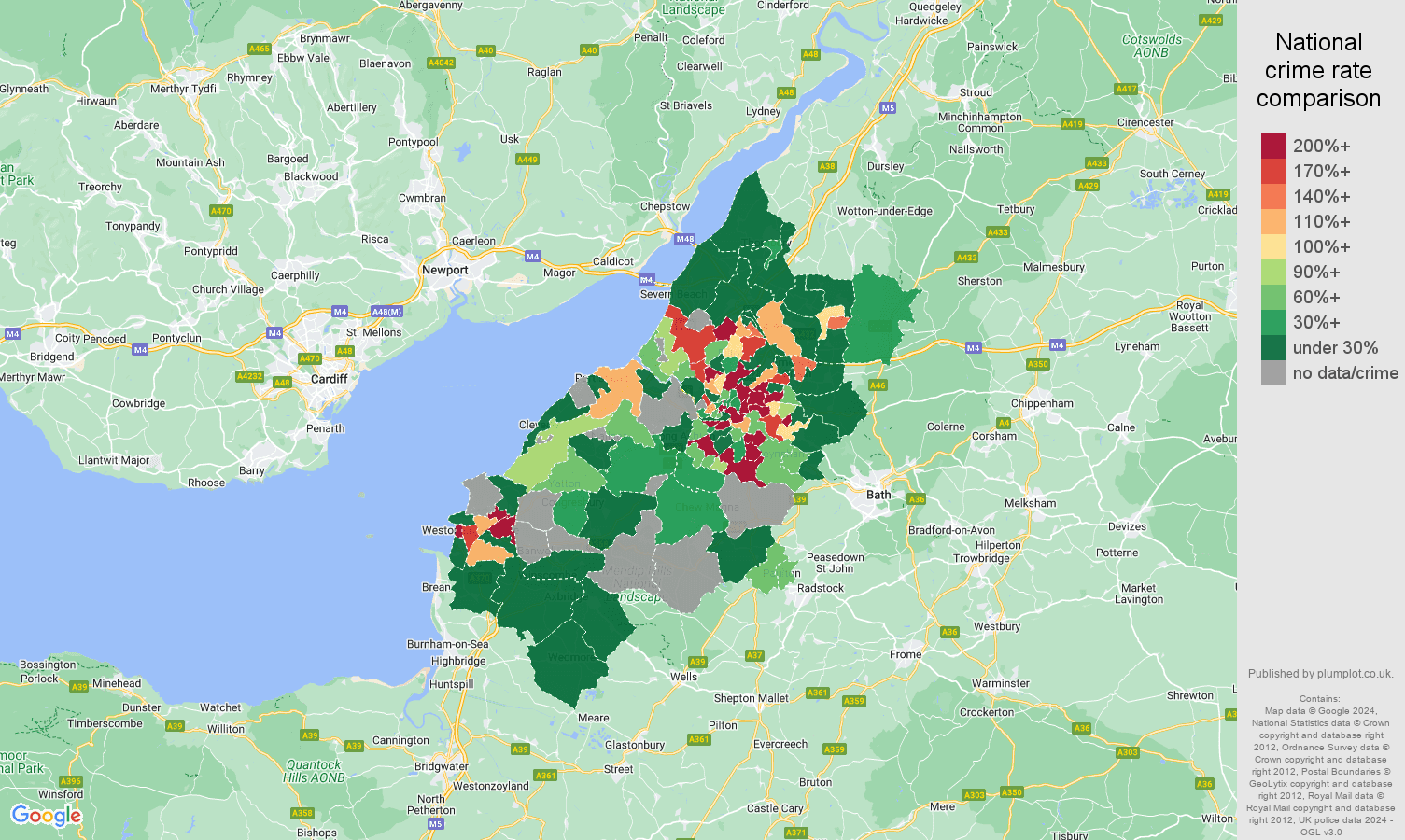 Bristol shoplifting crime rate comparison map