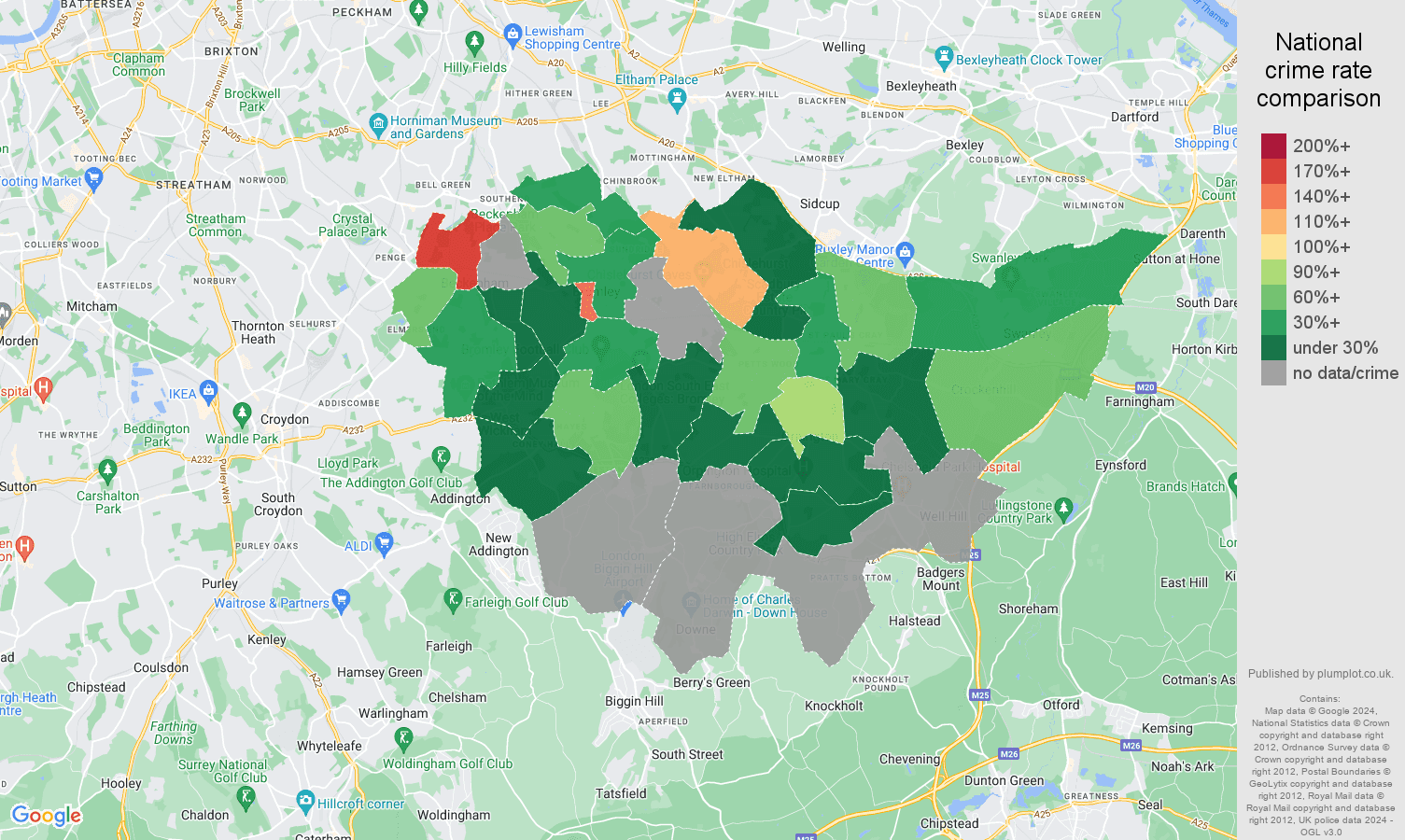 Bromley bicycle theft crime rate comparison map