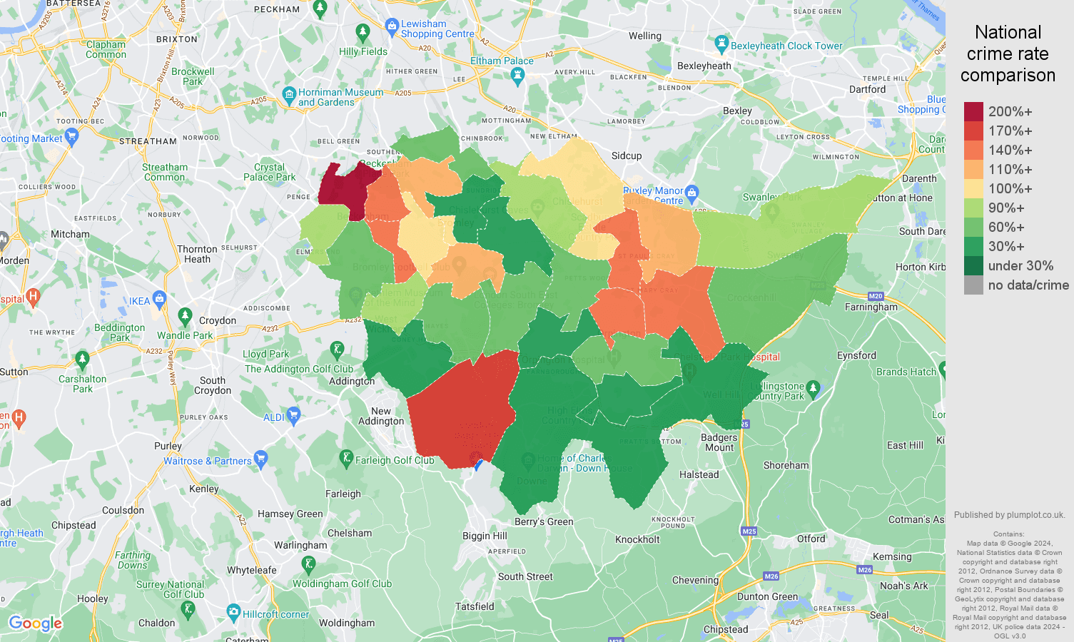 Bromley burglary crime rate comparison map