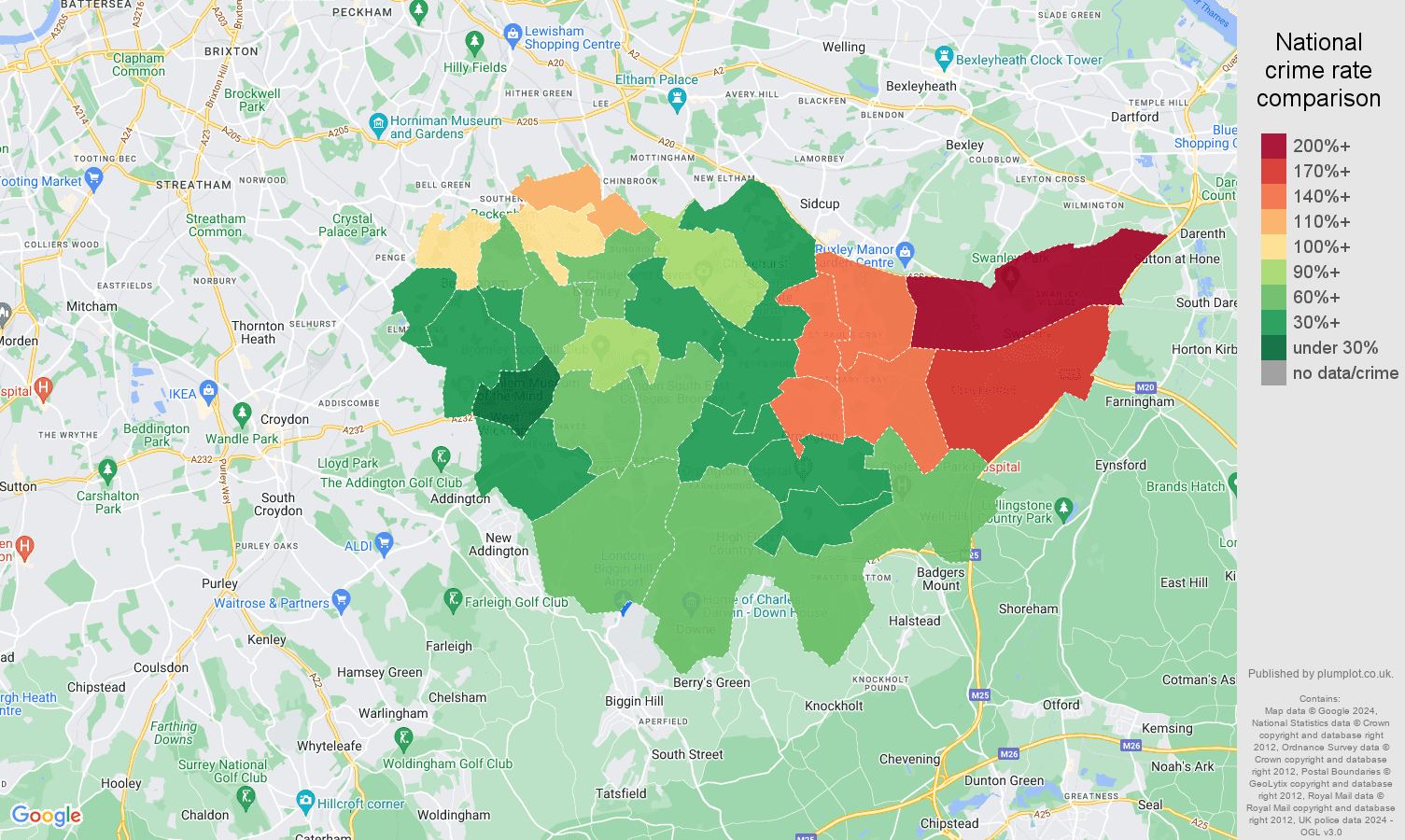 Bromley criminal damage and arson crime rate comparison map