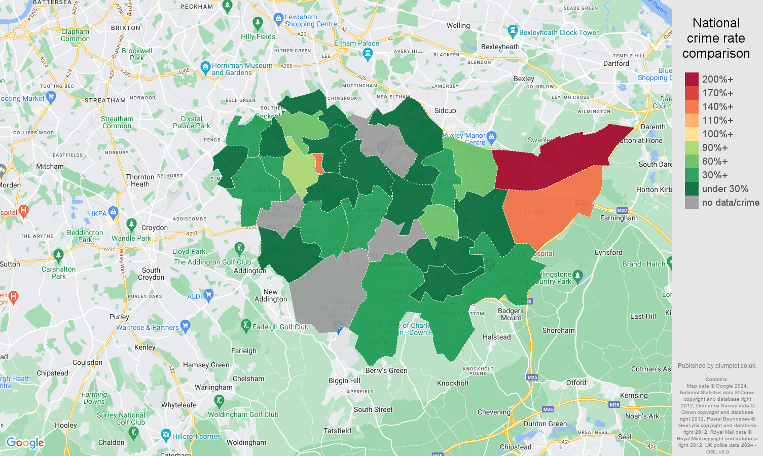 Bromley possession of weapons crime rate comparison map