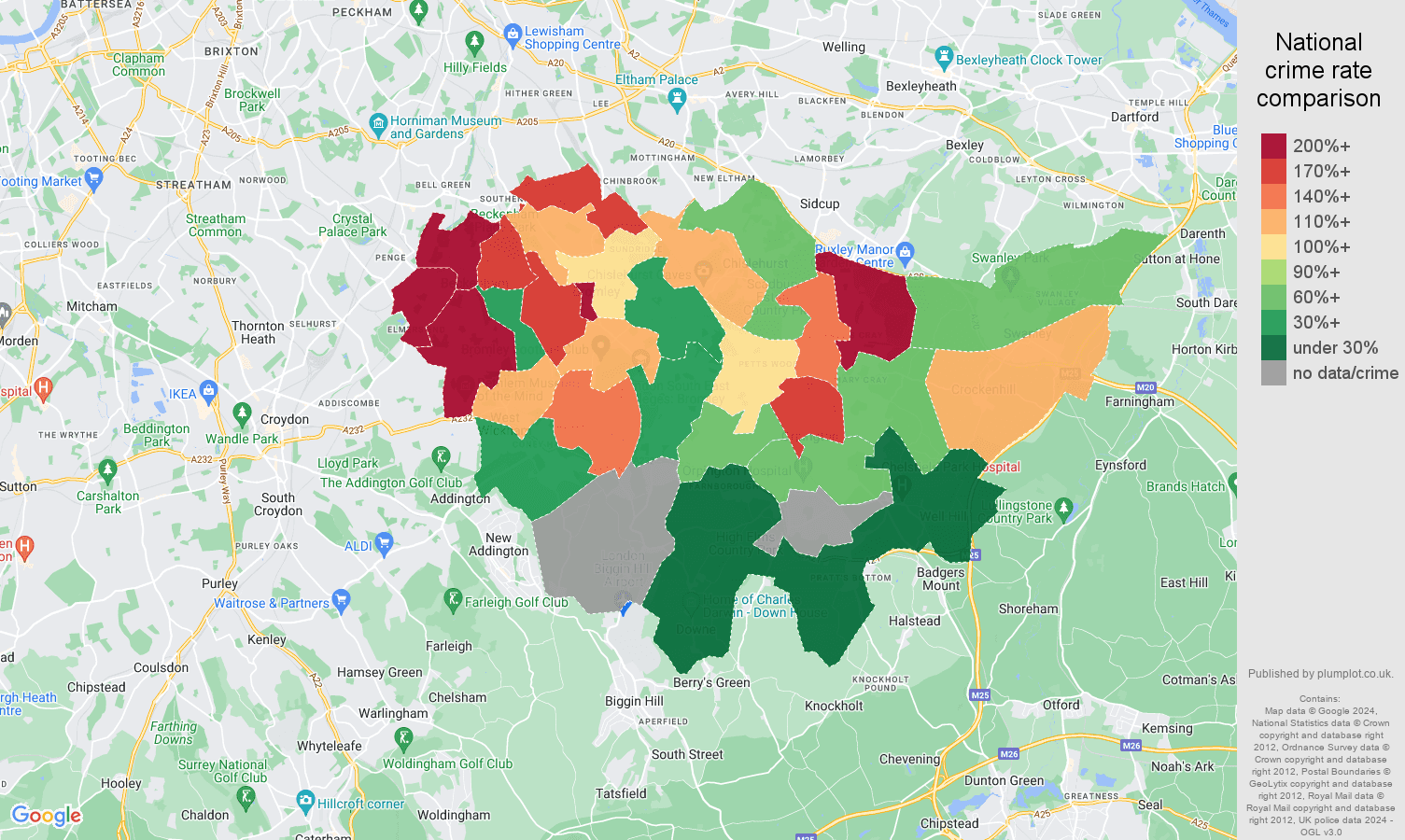 Bromley robbery crime rate comparison map