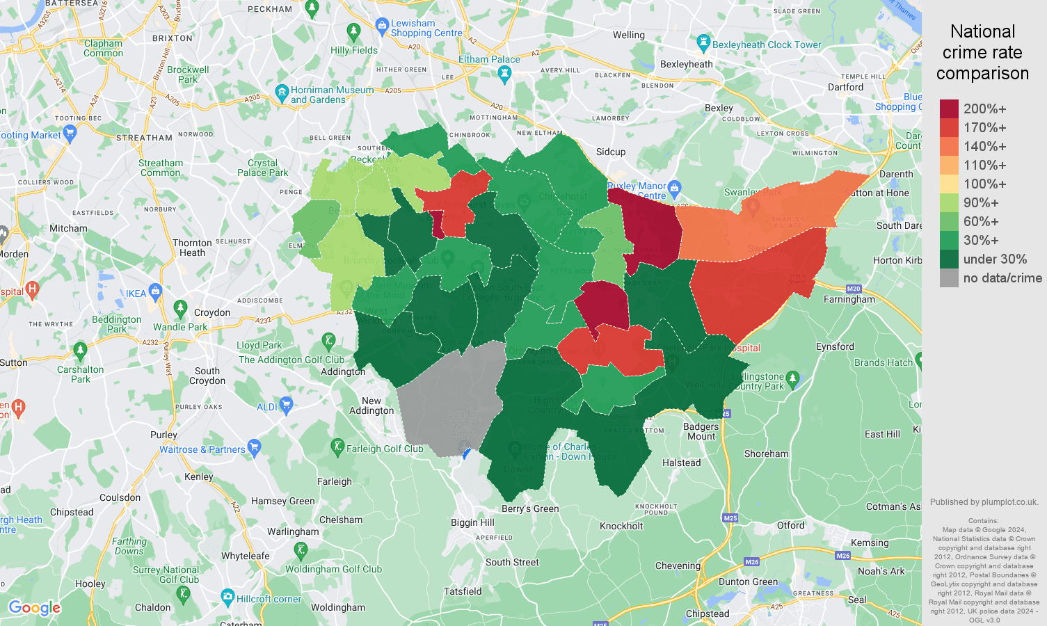 Bromley shoplifting crime rate comparison map