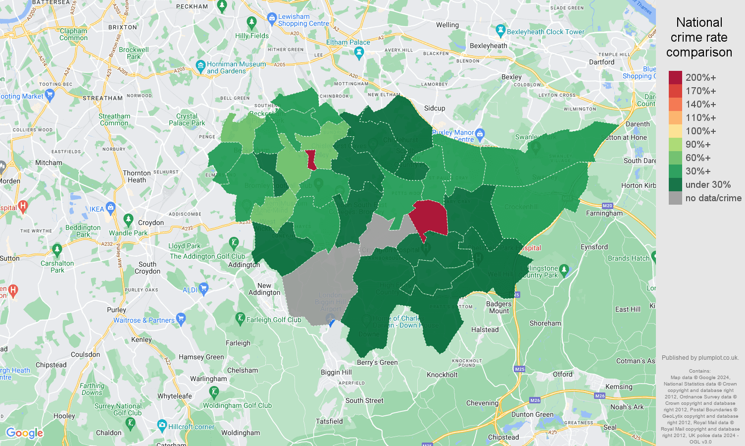 Bromley theft from the person crime rate comparison map