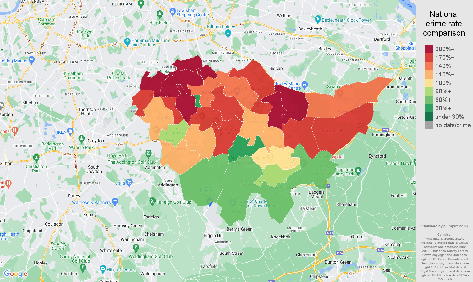 Bromley vehicle crime rate comparison map