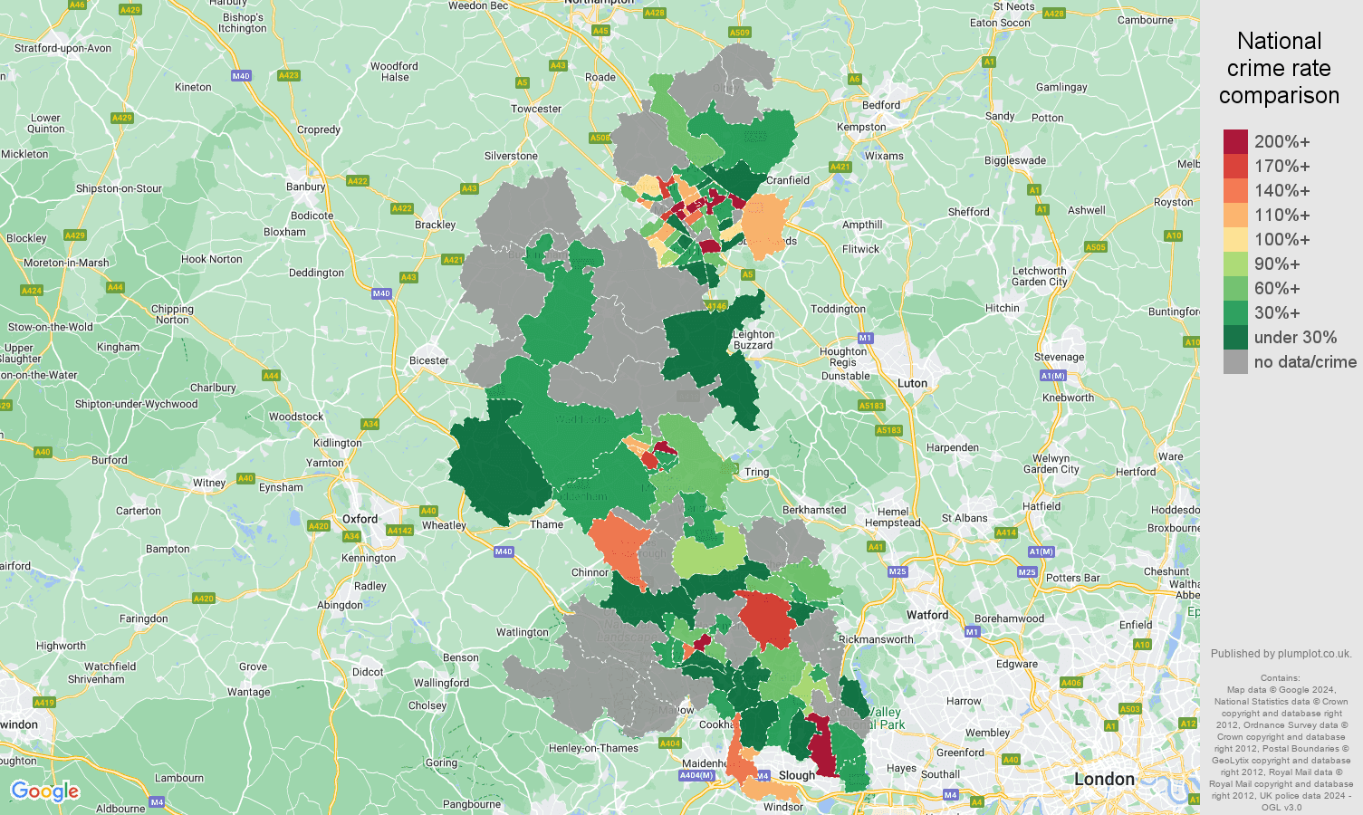 Buckinghamshire bicycle theft crime rate comparison map