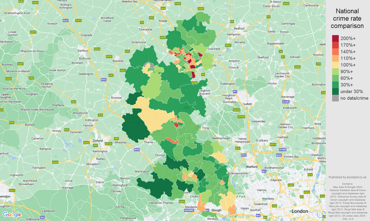 Buckinghamshire criminal damage and arson crime rate comparison map
