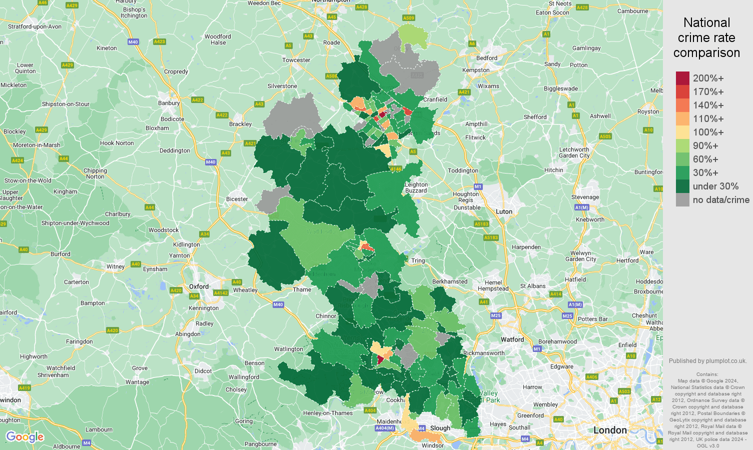 Buckinghamshire theft from the person crime rate comparison map