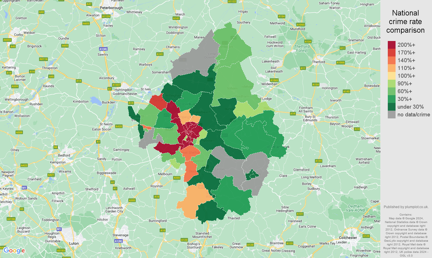 Cambridge bicycle theft crime rate comparison map