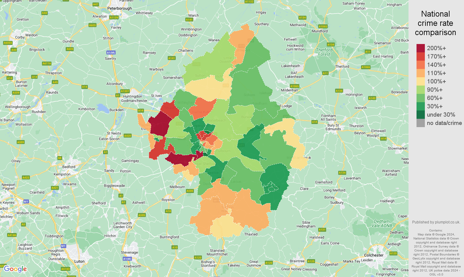 Cambridge burglary crime rate comparison map