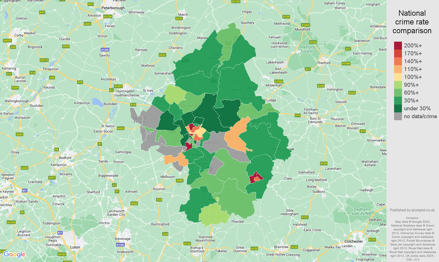 Cambridge possession of weapons crime rate comparison map