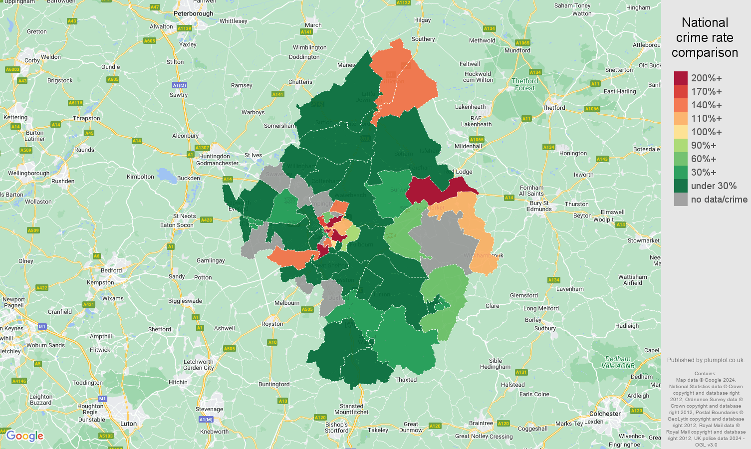 Cambridge shoplifting crime rate comparison map