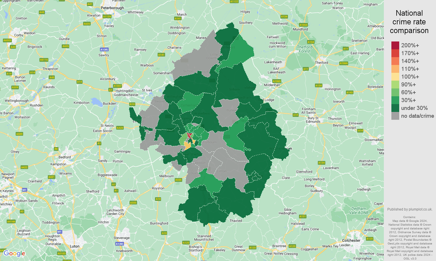 Cambridge theft from the person crime rate comparison map