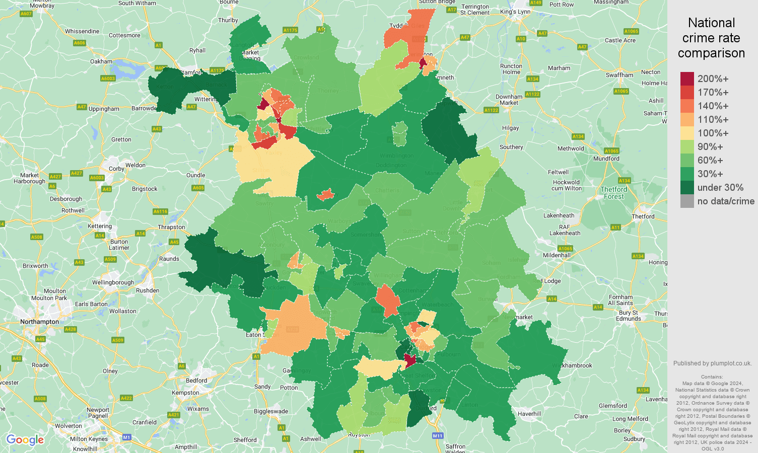 Cambridgeshire antisocial behaviour crime rate comparison map