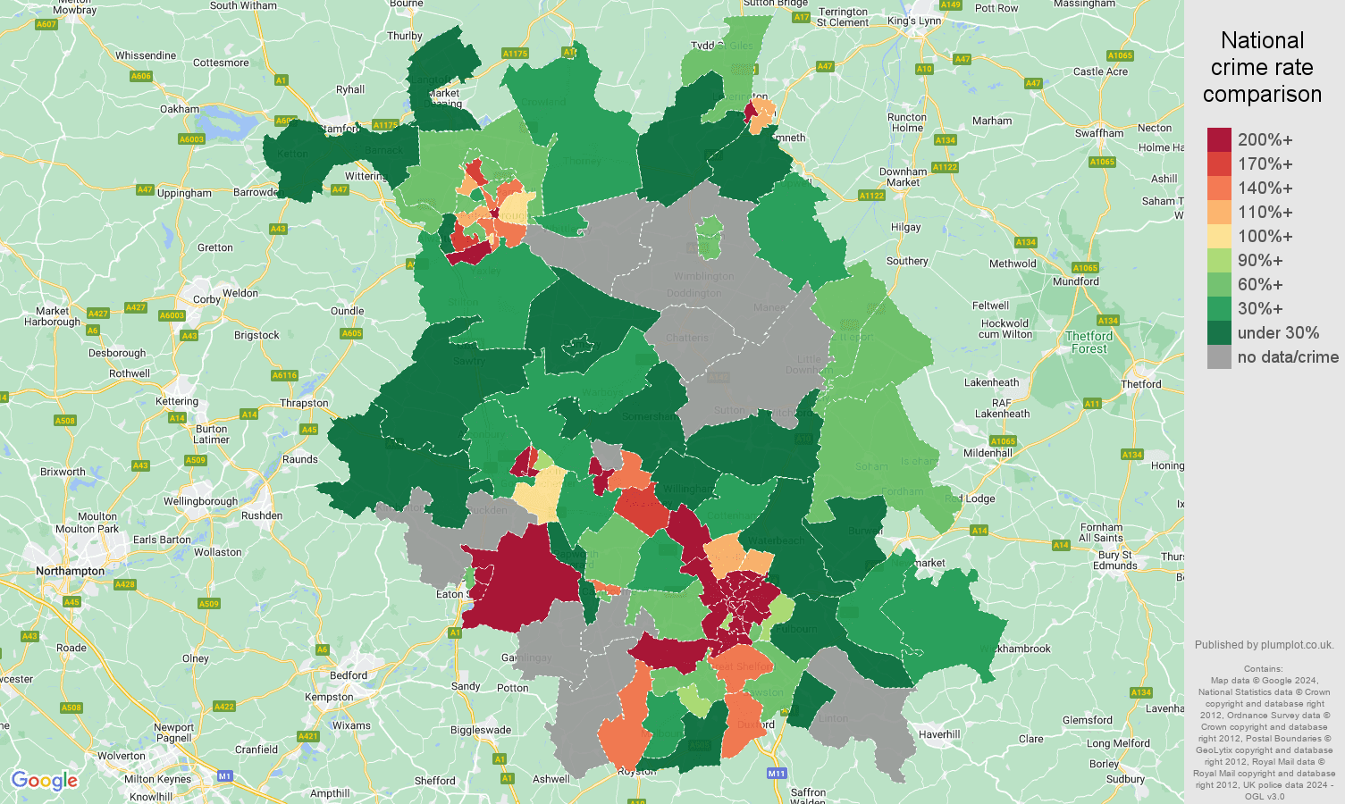 Cambridgeshire bicycle theft crime rate comparison map