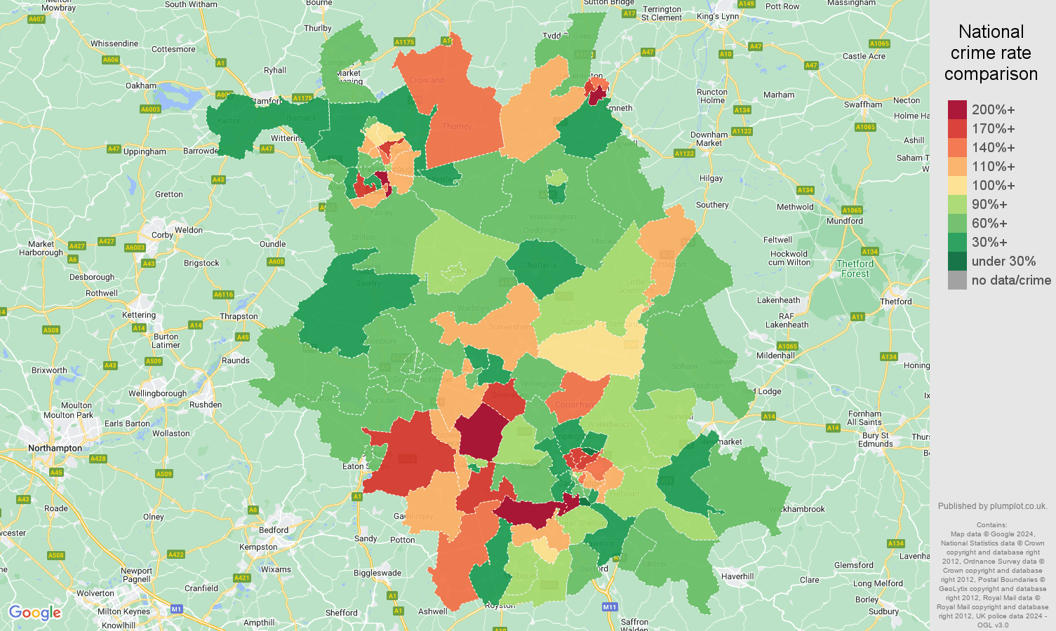 Cambridgeshire burglary crime rate comparison map
