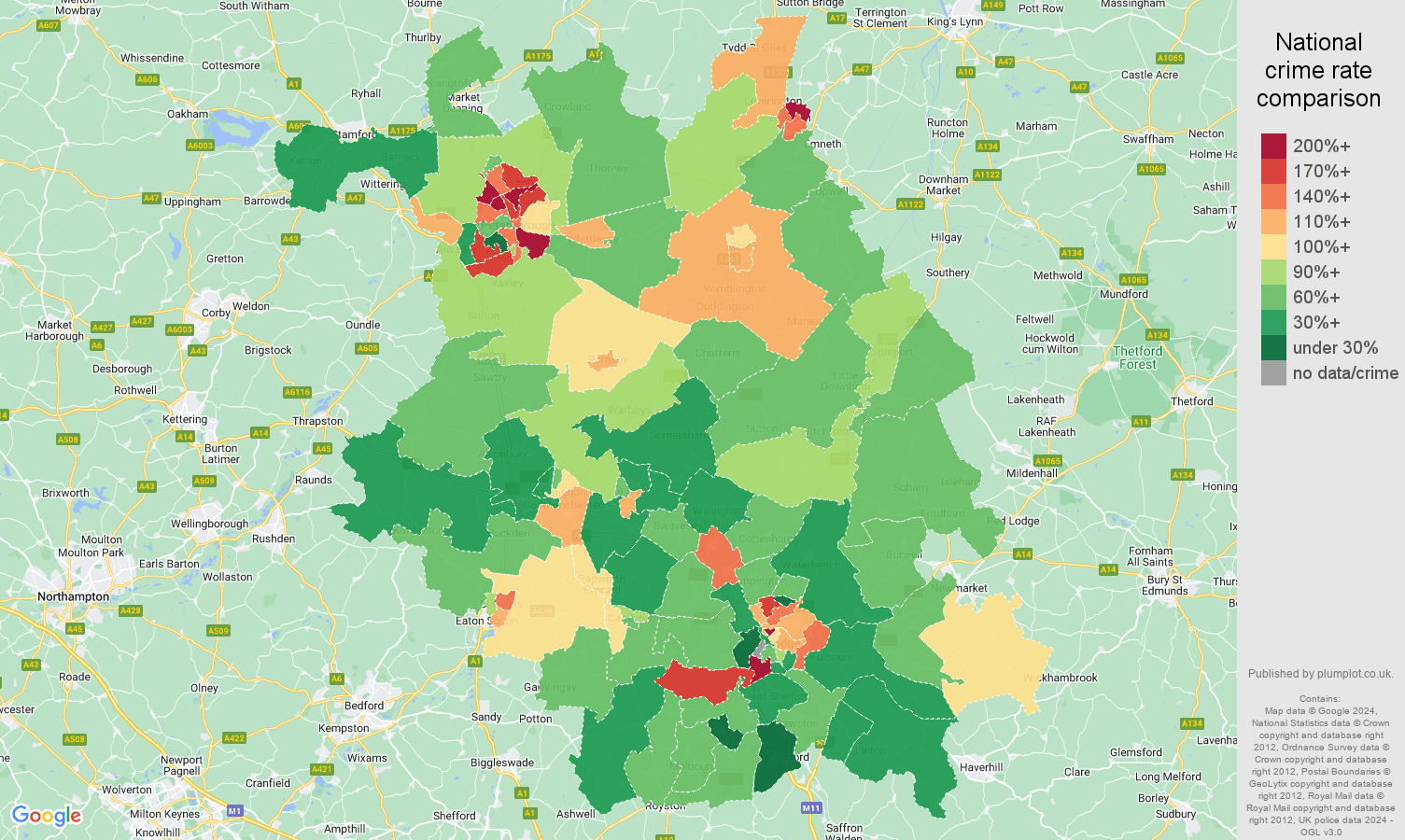 Cambridgeshire criminal damage and arson crime rate comparison map