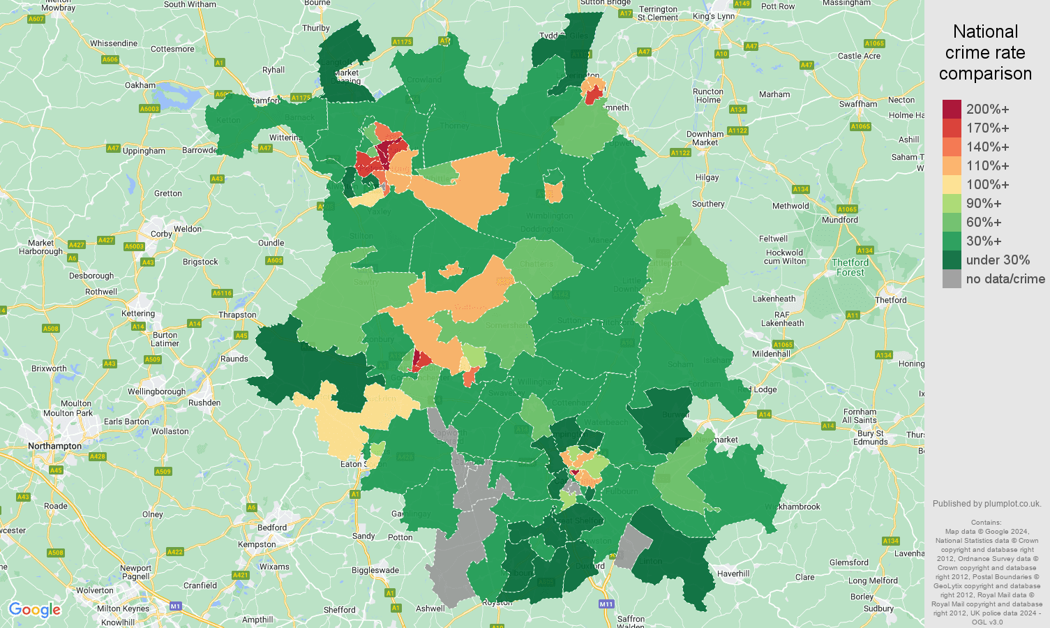 Cambridgeshire drugs crime rate comparison map