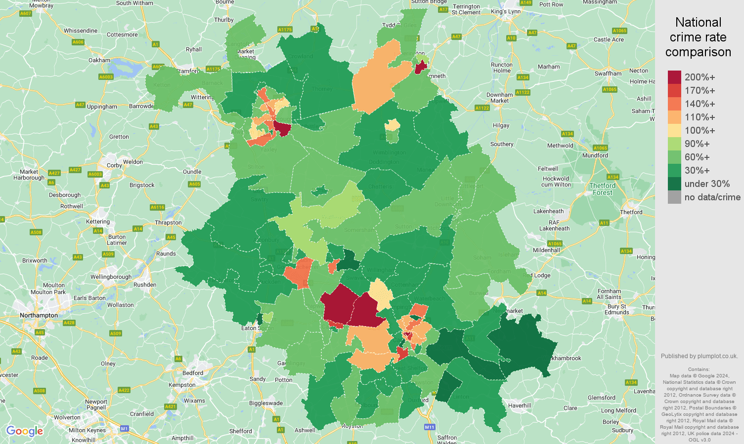 Cambridgeshire other theft crime rate comparison map