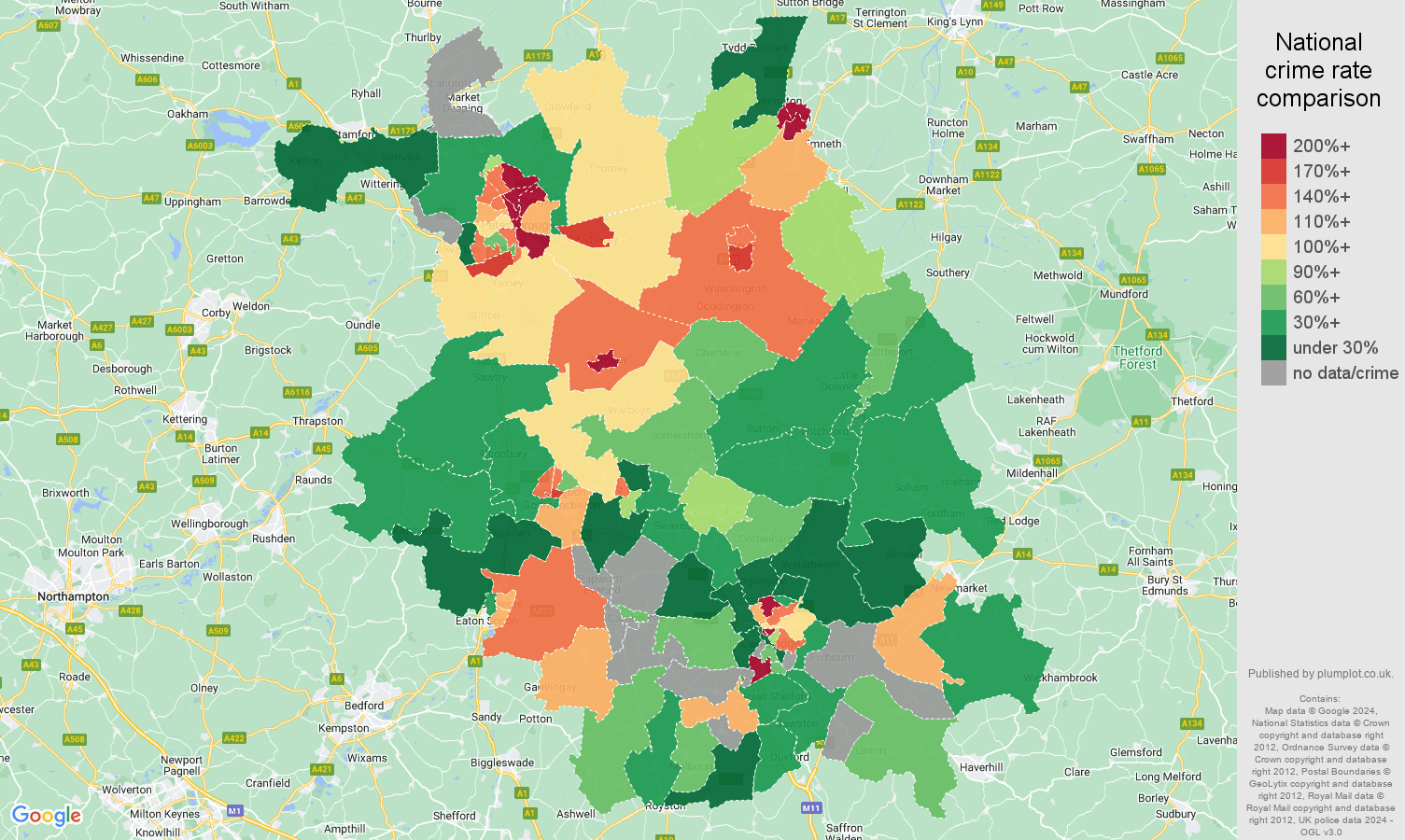 Cambridgeshire possession of weapons crime rate comparison map