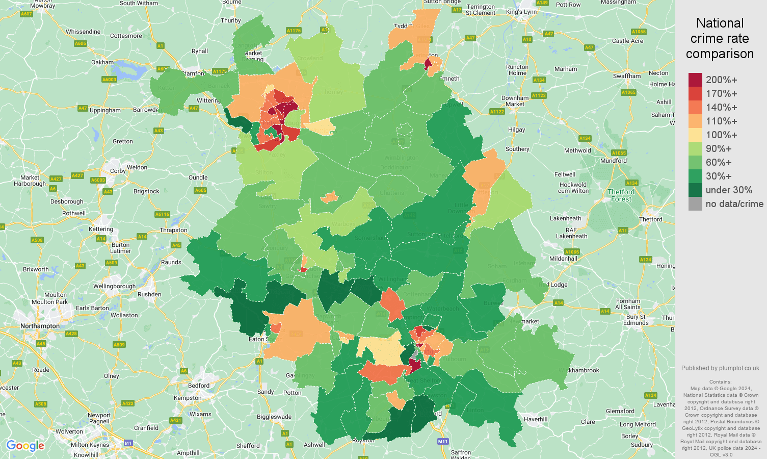 Cambridgeshire public order crime rate comparison map