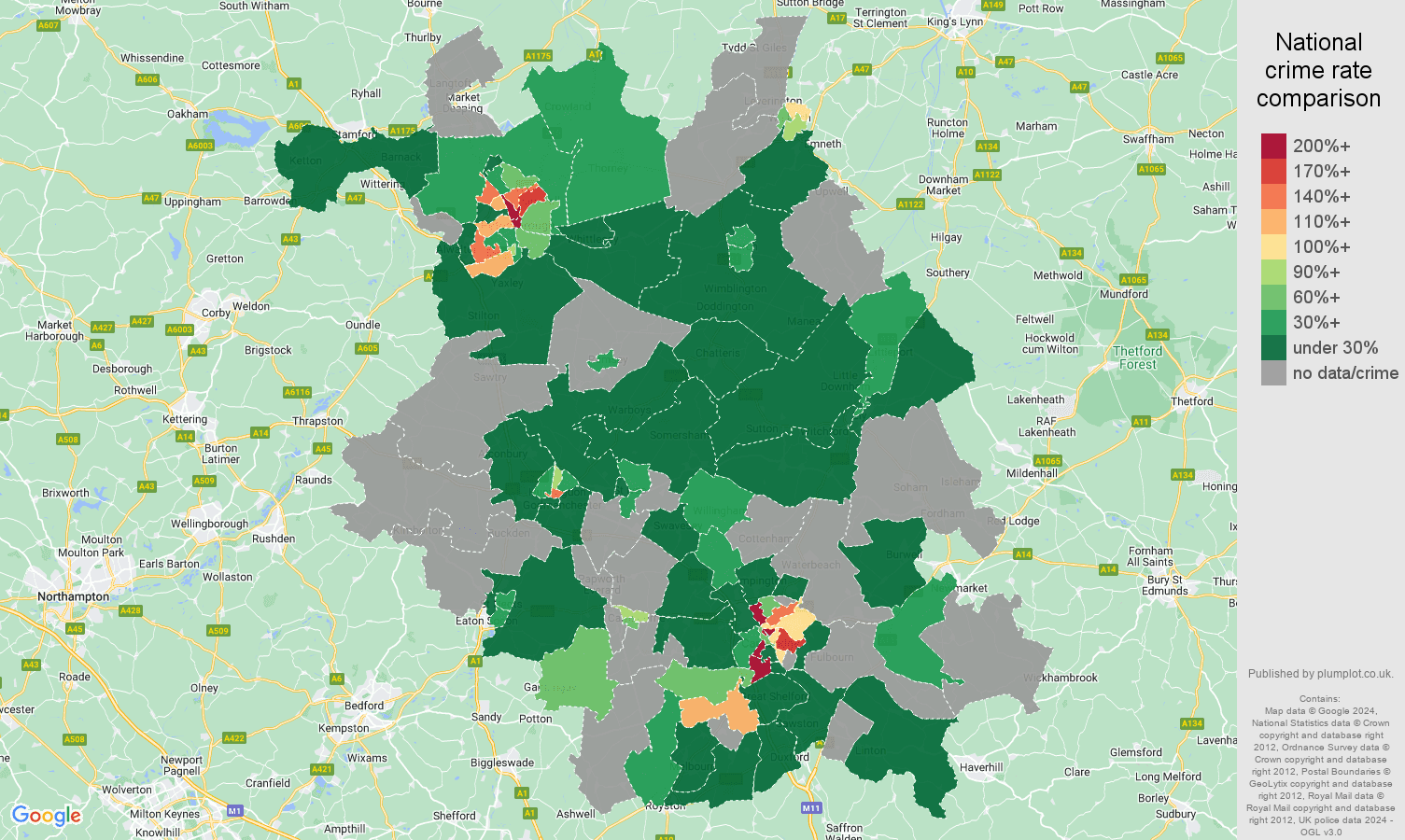 Cambridgeshire robbery crime rate comparison map