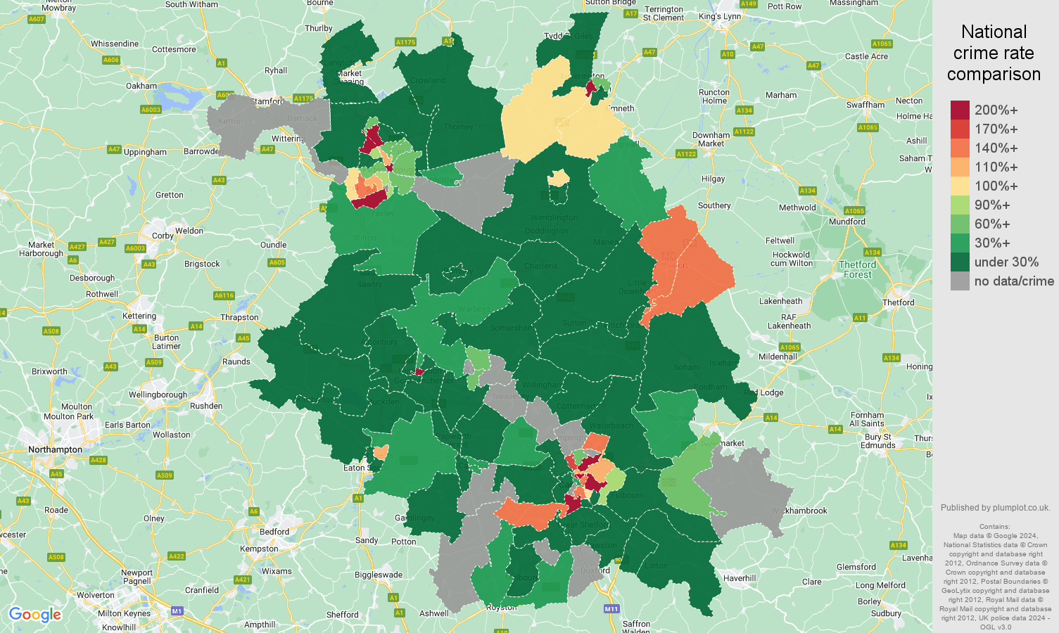Cambridgeshire shoplifting crime rate comparison map