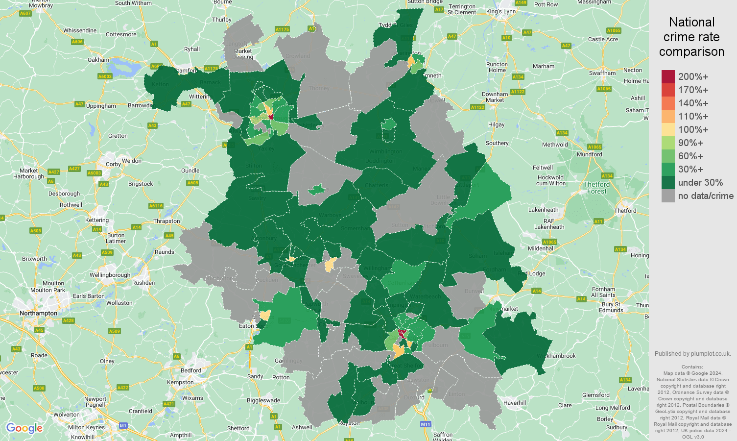 Cambridgeshire theft from the person crime rate comparison map