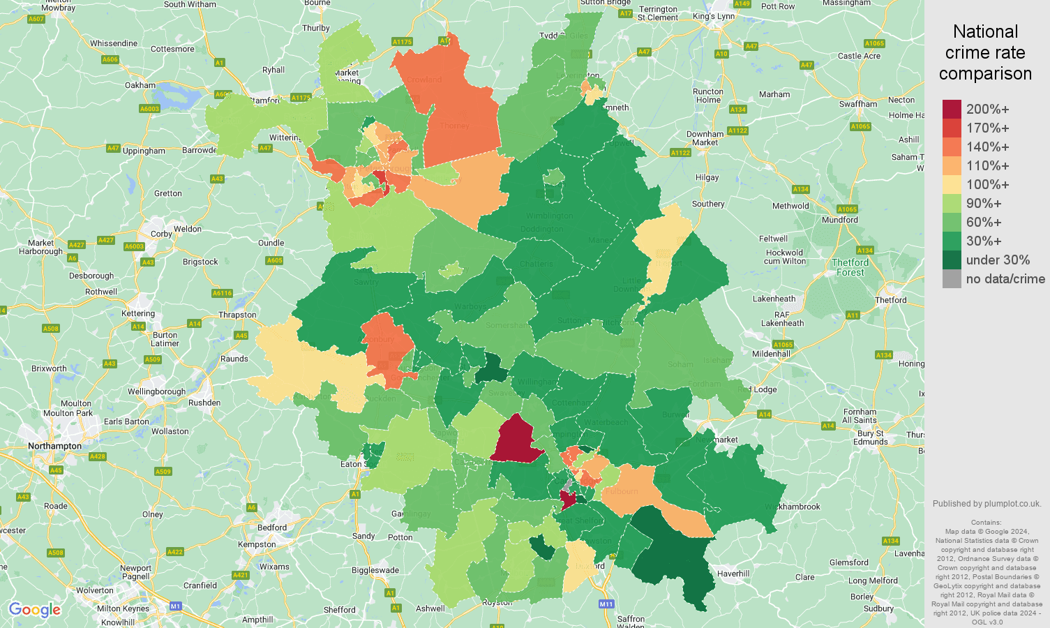 Cambridgeshire vehicle crime rate comparison map