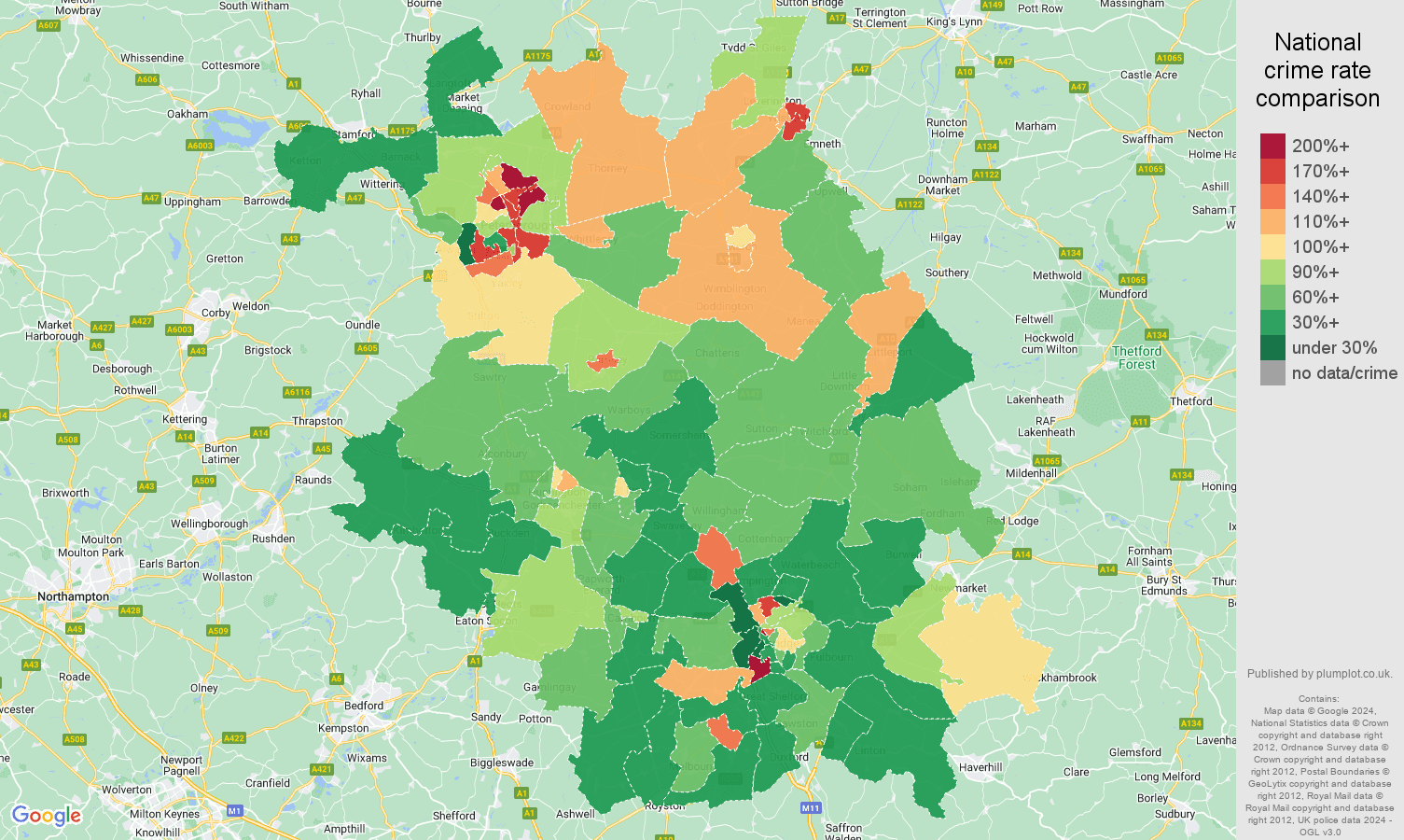 Cambridgeshire violent crime rate comparison map