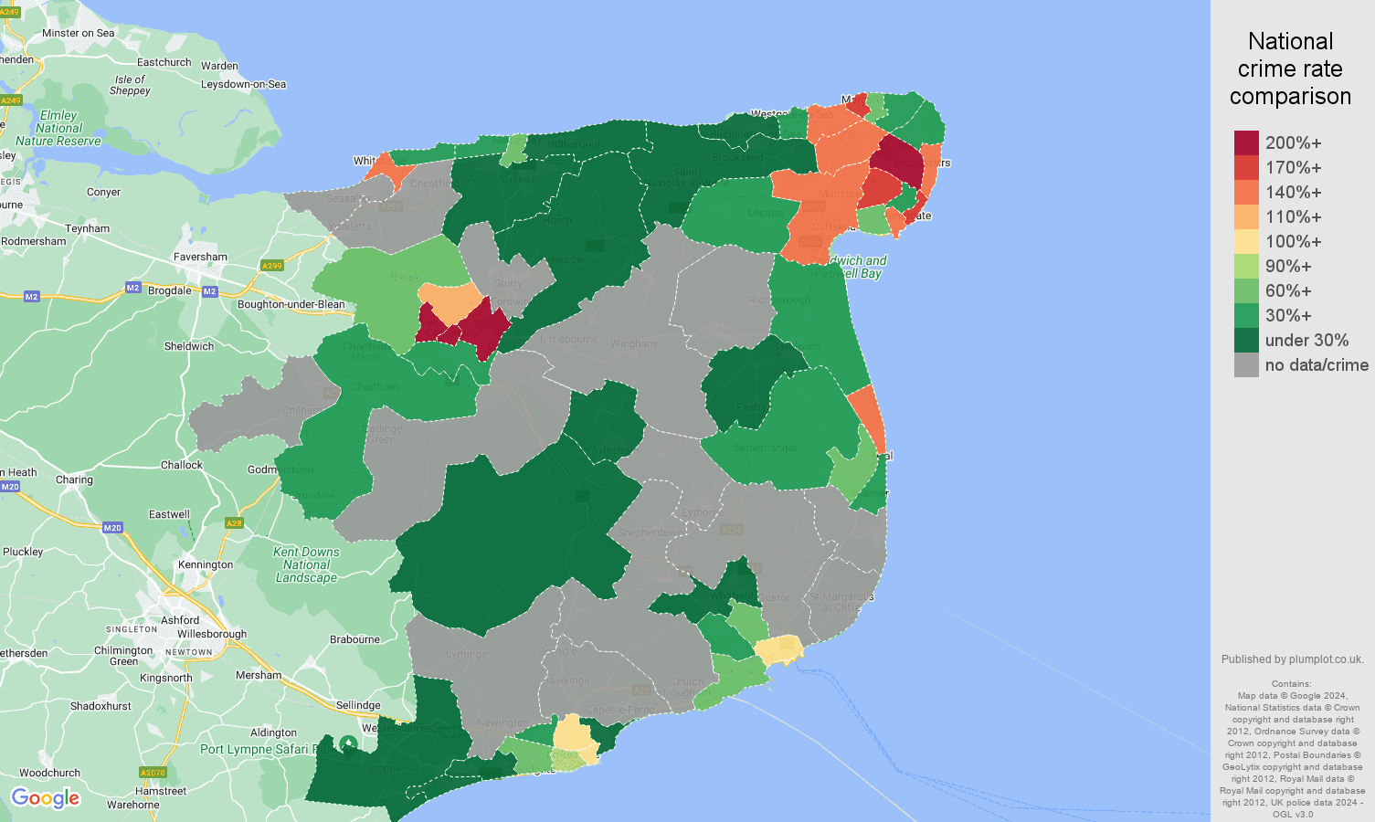 Canterbury bicycle theft crime rate comparison map
