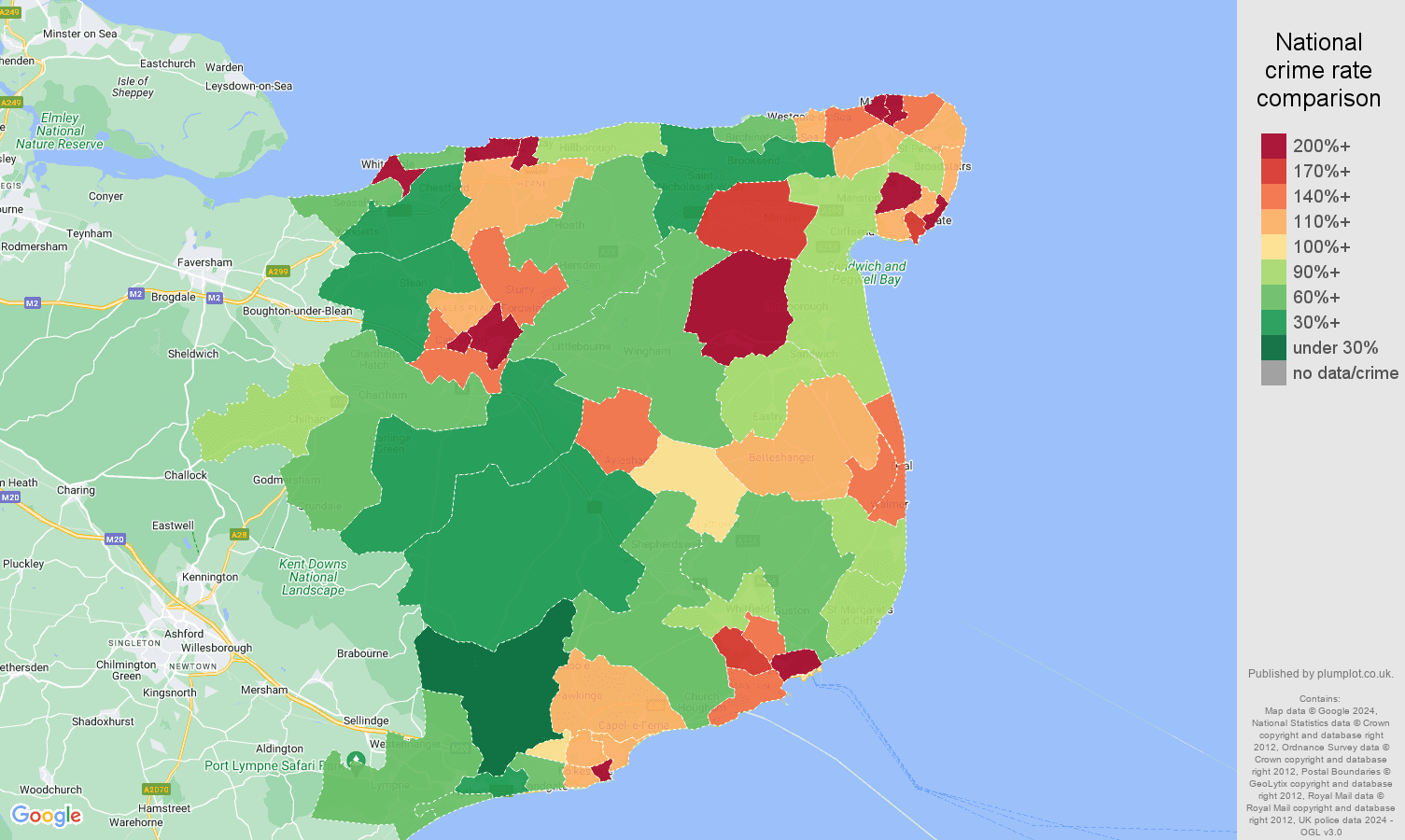 Canterbury criminal damage and arson crime rate comparison map