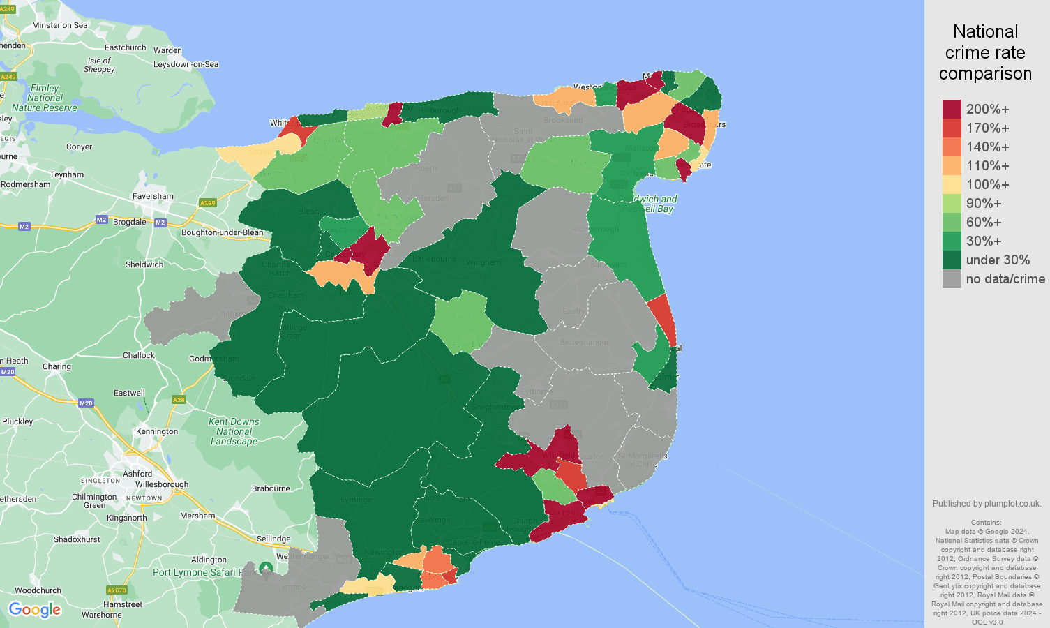Canterbury shoplifting crime rate comparison map