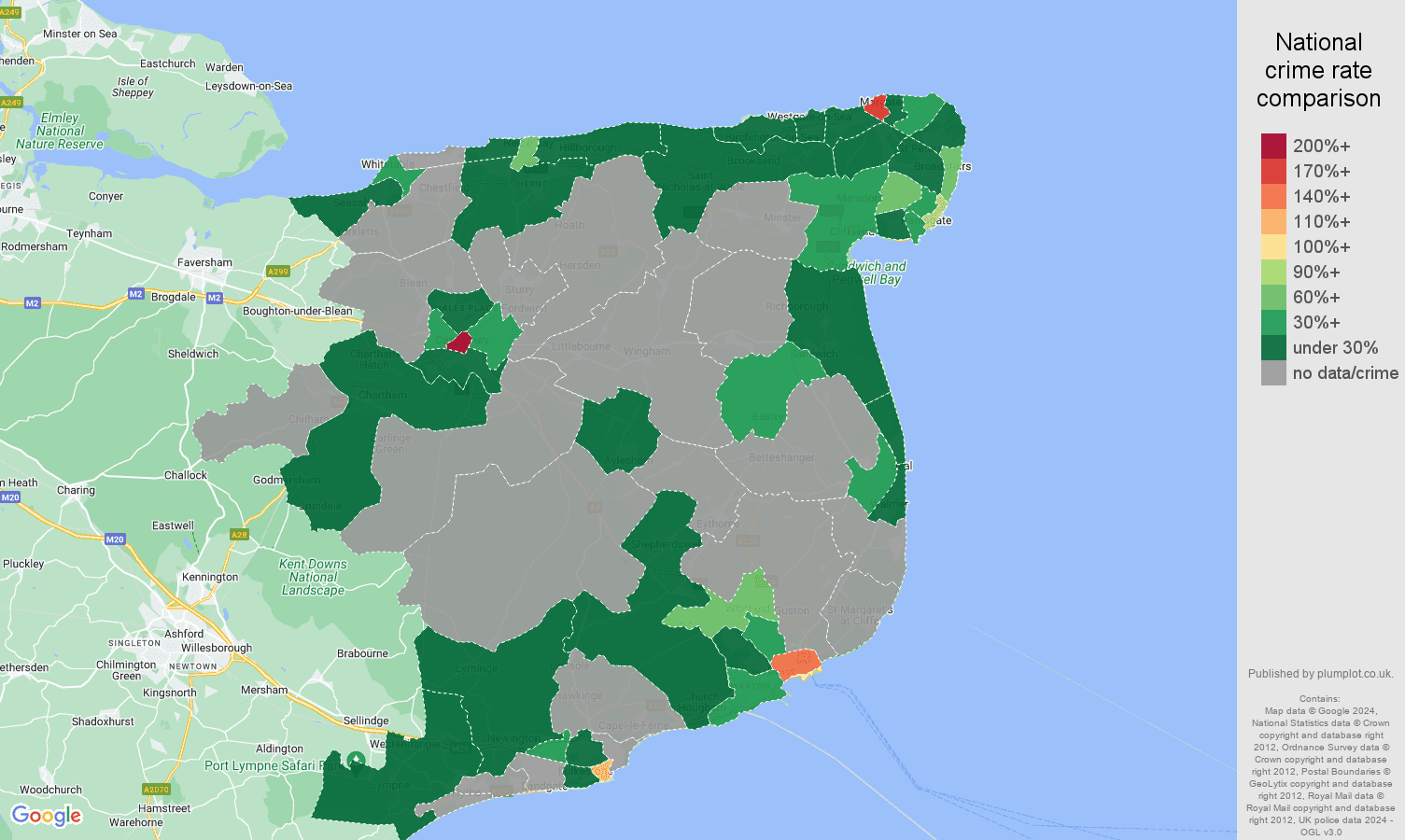 Canterbury theft from the person crime rate comparison map