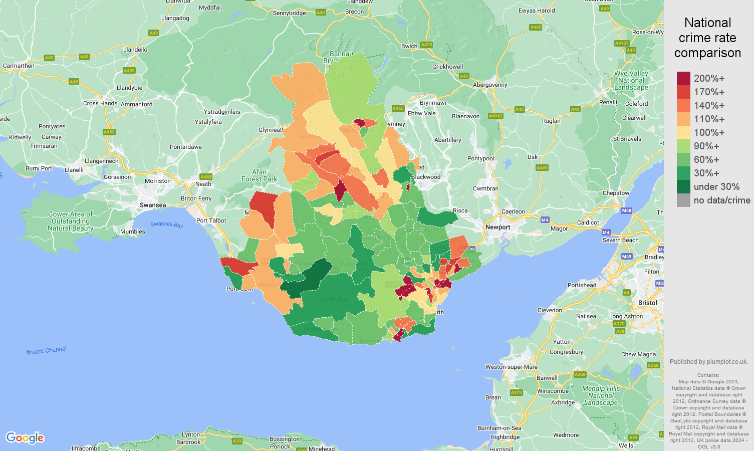 Cardiff criminal damage and arson crime rate comparison map