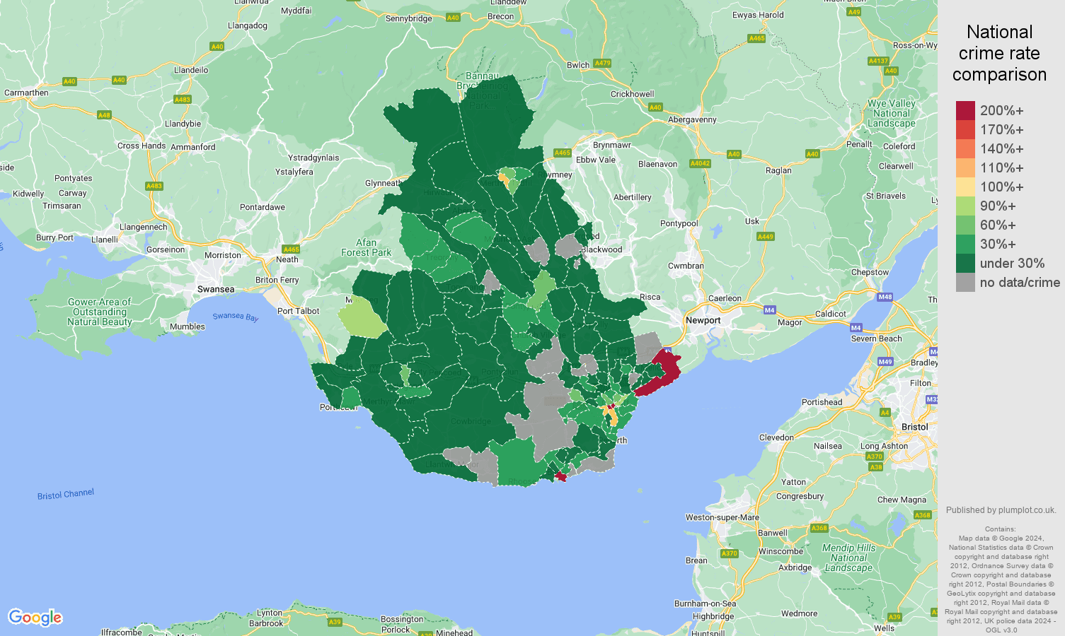 Cardiff theft from the person crime rate comparison map