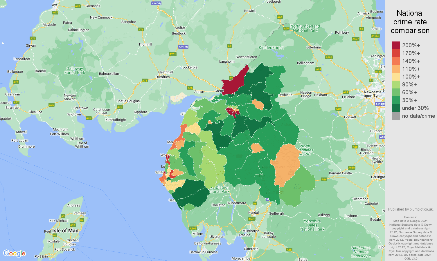 Carlisle criminal damage and arson crime rate comparison map