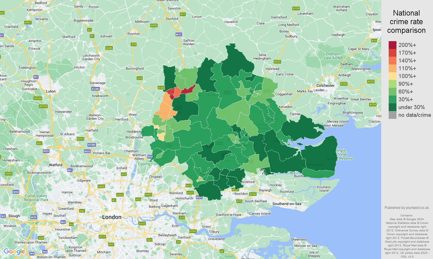 Chelmsford antisocial behaviour crime rate comparison map