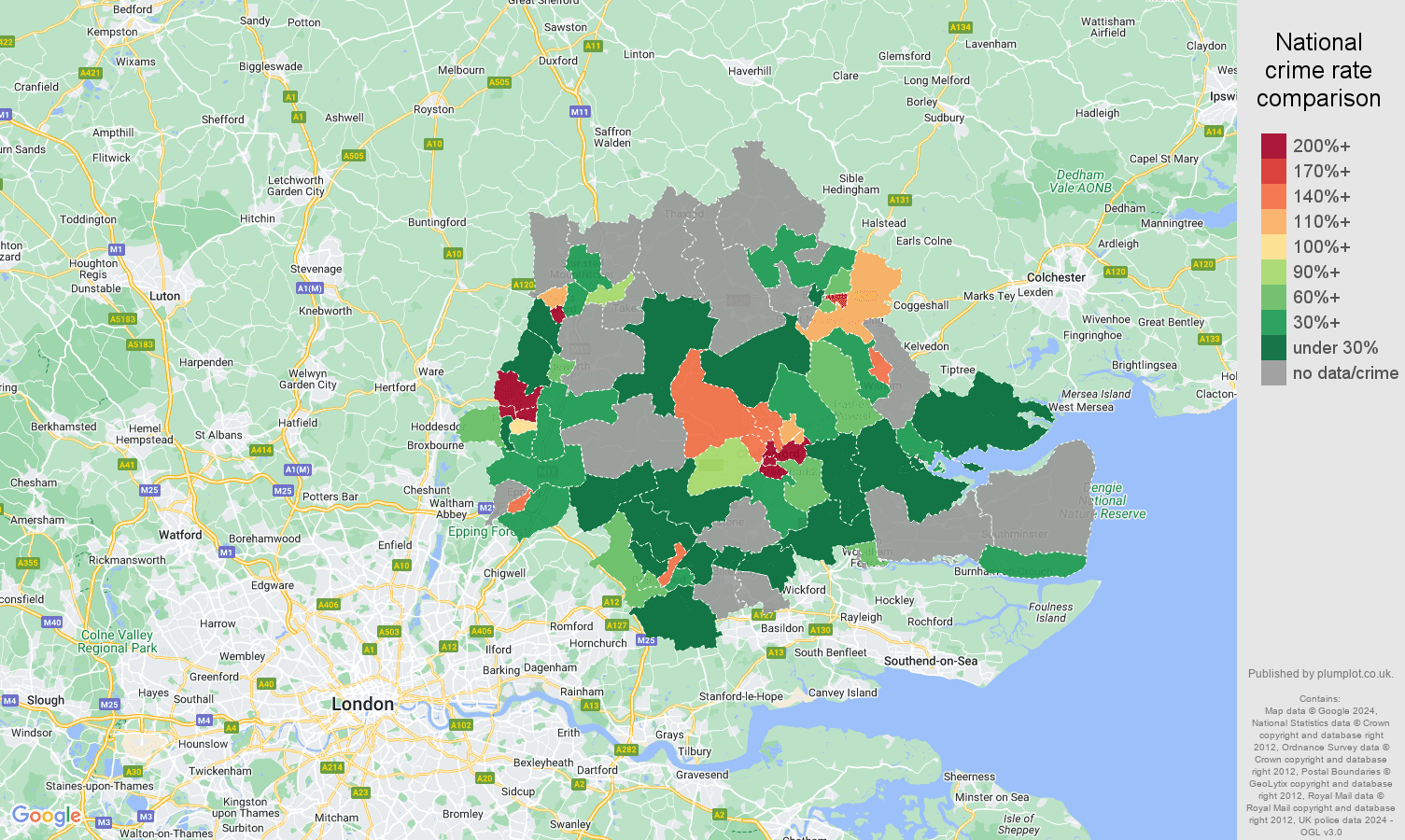 Chelmsford bicycle theft crime rate comparison map