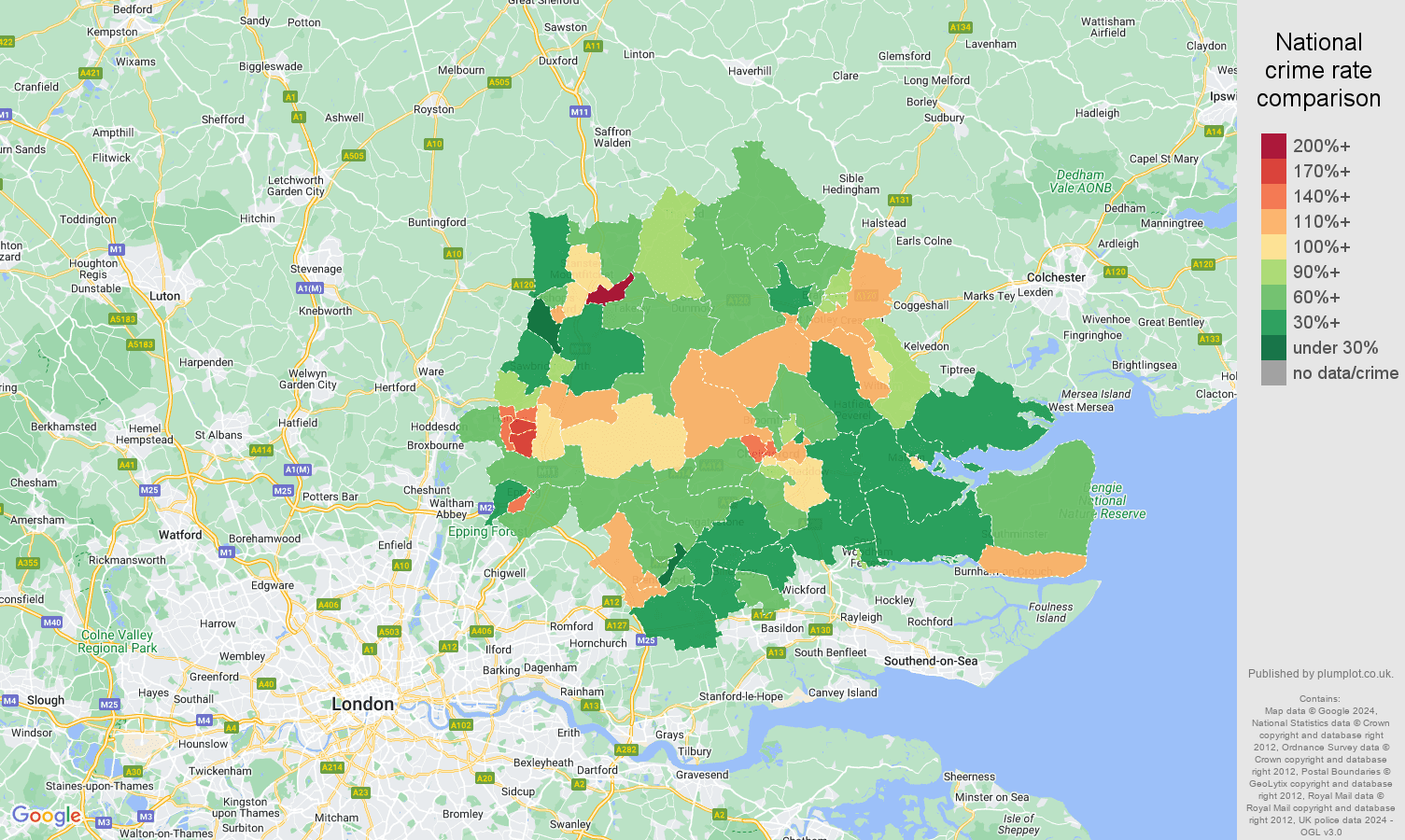 Chelmsford criminal damage and arson crime rate comparison map