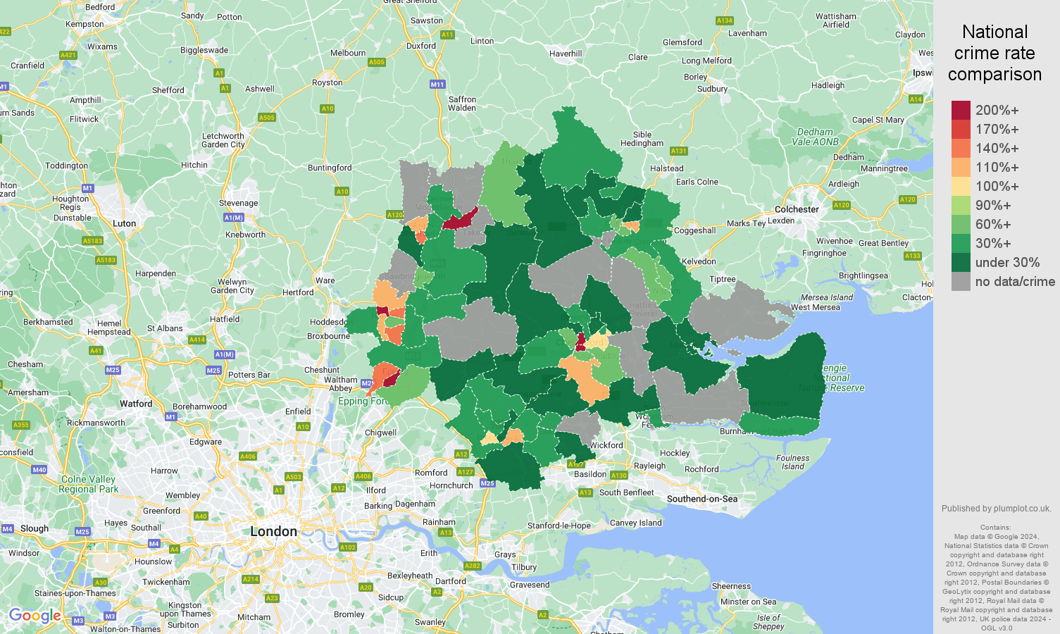 Chelmsford robbery crime rate comparison map