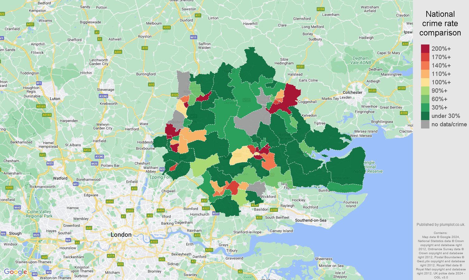 Chelmsford shoplifting crime rate comparison map