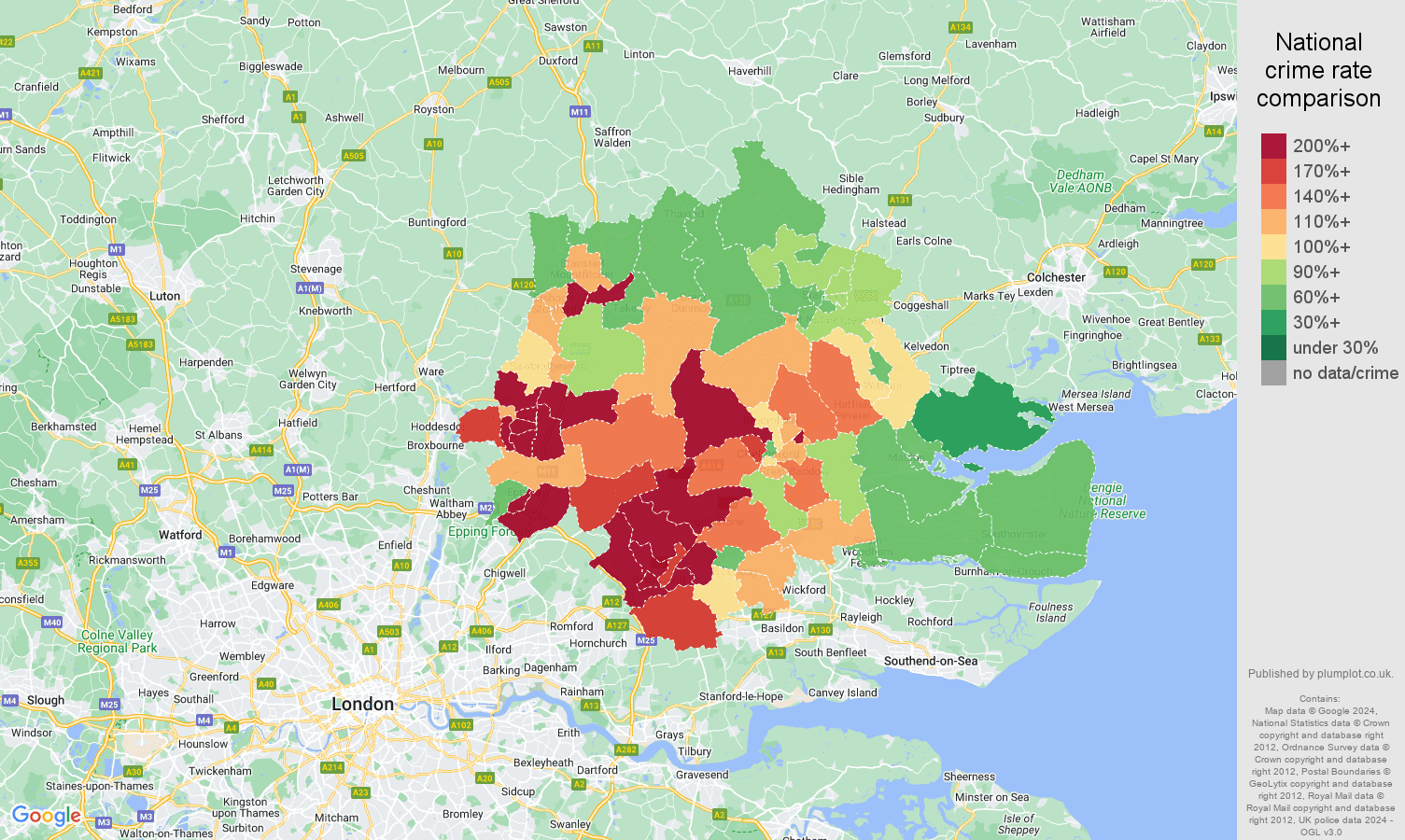 Chelmsford vehicle crime rate comparison map
