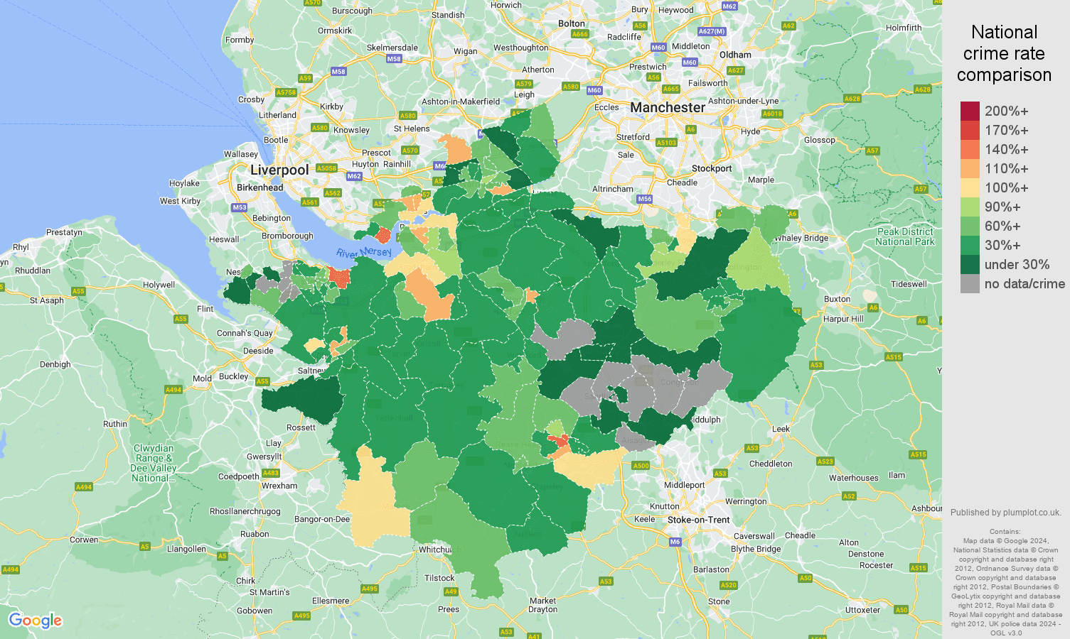 Cheshire burglary crime rate comparison map