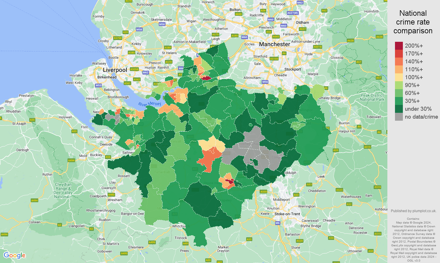 Cheshire criminal damage and arson crime rate comparison map