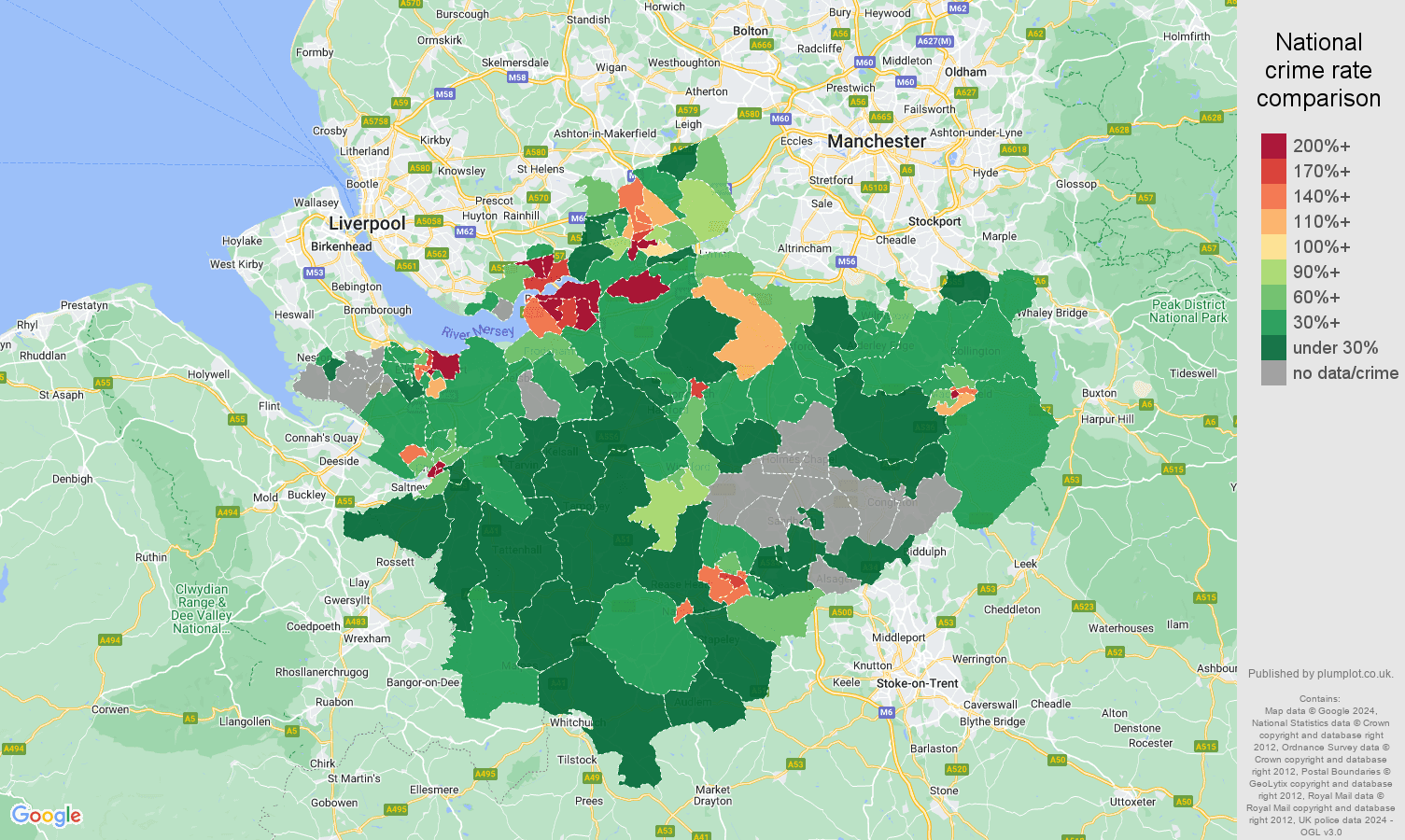 Cheshire drugs crime rate comparison map