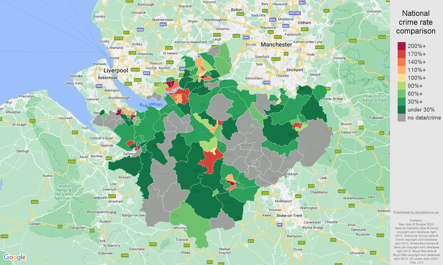 Cheshire possession of weapons crime rate comparison map