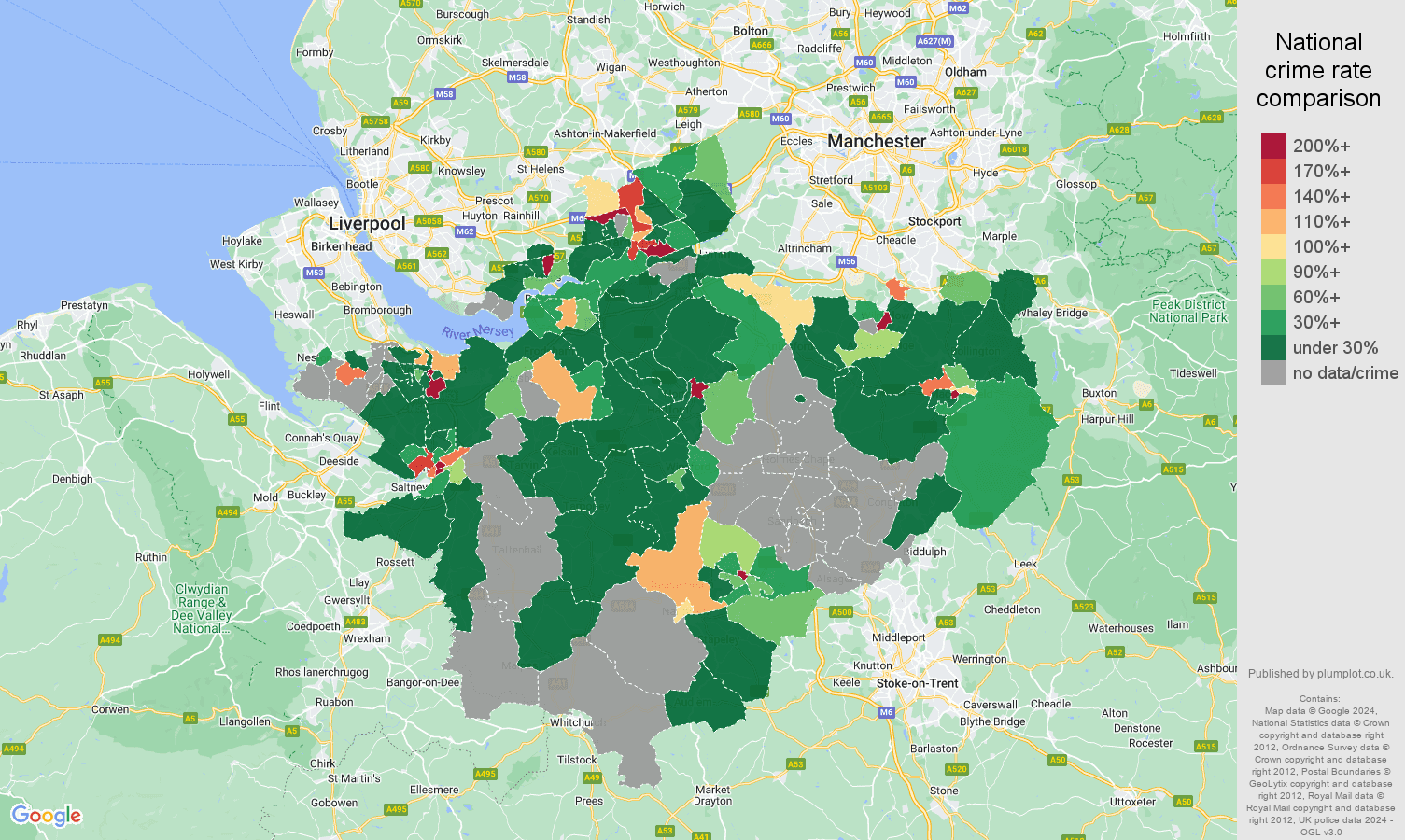 Cheshire shoplifting crime rate comparison map